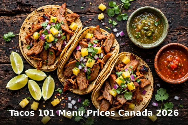 Tacos 101 Menu Prices Canada 2026: al pastor tacos with pineapple, onion, cilantro, lime and salsa on a wooden table