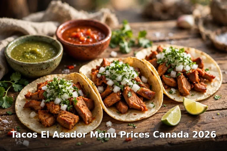 Tacos El Asador Menu Prices Canada 2026: pastor tacos with onion, cilantro and salsa bowls on a rustic wooden table