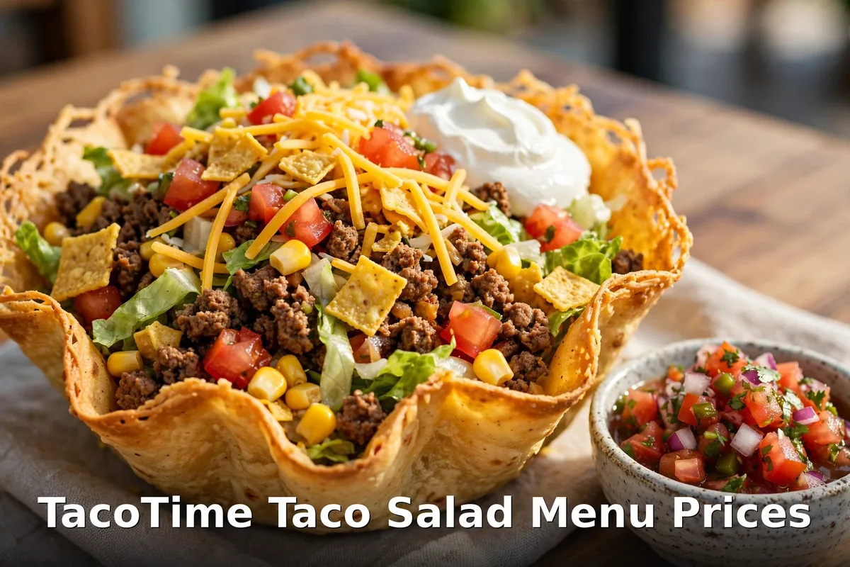 TacoTime Canada taco salad prices: crispy tortilla bowl taco salad with seasoned beef, cheese, corn and sour cream