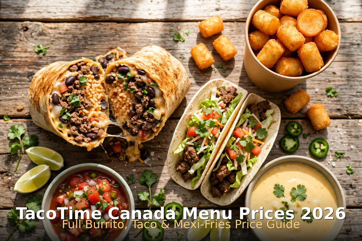 TacoTime Canada menu prices 2026: burritos, tacos, Mexi-Fries and queso on a rustic wooden table
