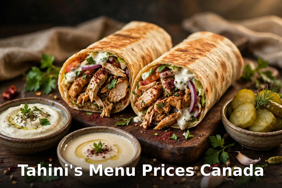 Tahini's menu prices Canada 2026: chicken shawarma wrap and Middle Eastern spread on a rustic table