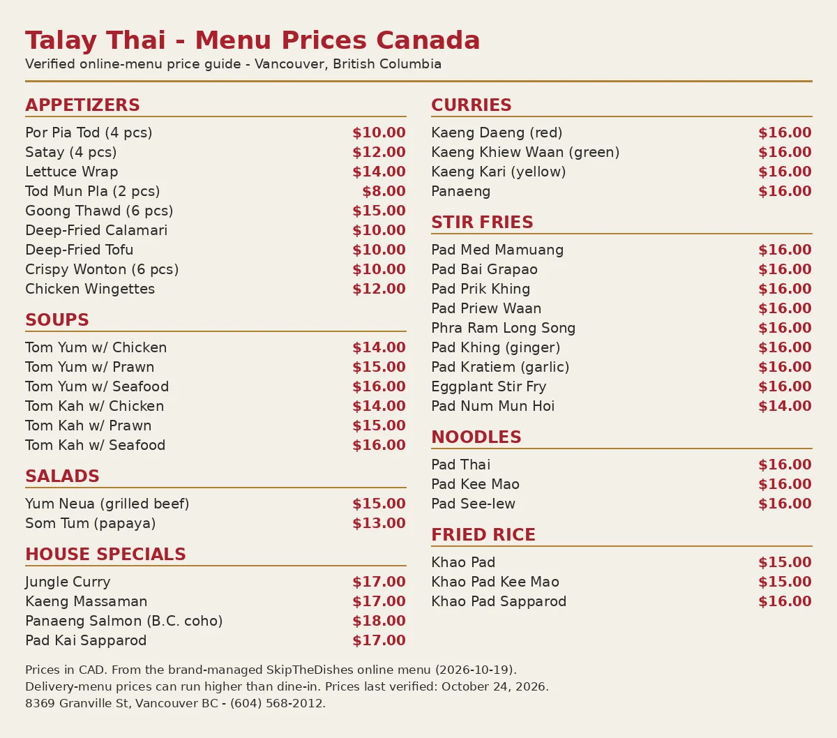 Talay Thai official menu card showing appetizers, curries, noodles and stir fry prices in CAD, talay thai menu prices canada