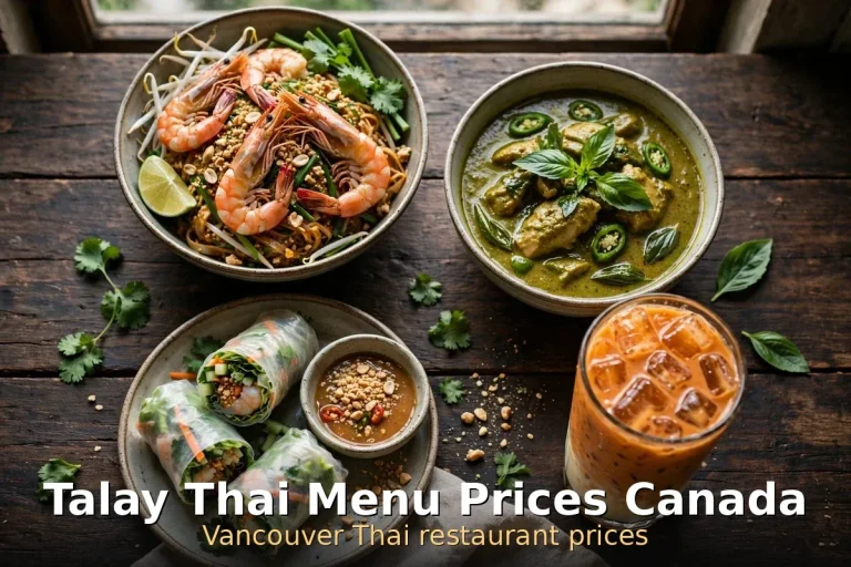 talay thai menu prices canada 2026: Thai feast with pad thai, green curry and spring rolls, talay thai menu prices canada