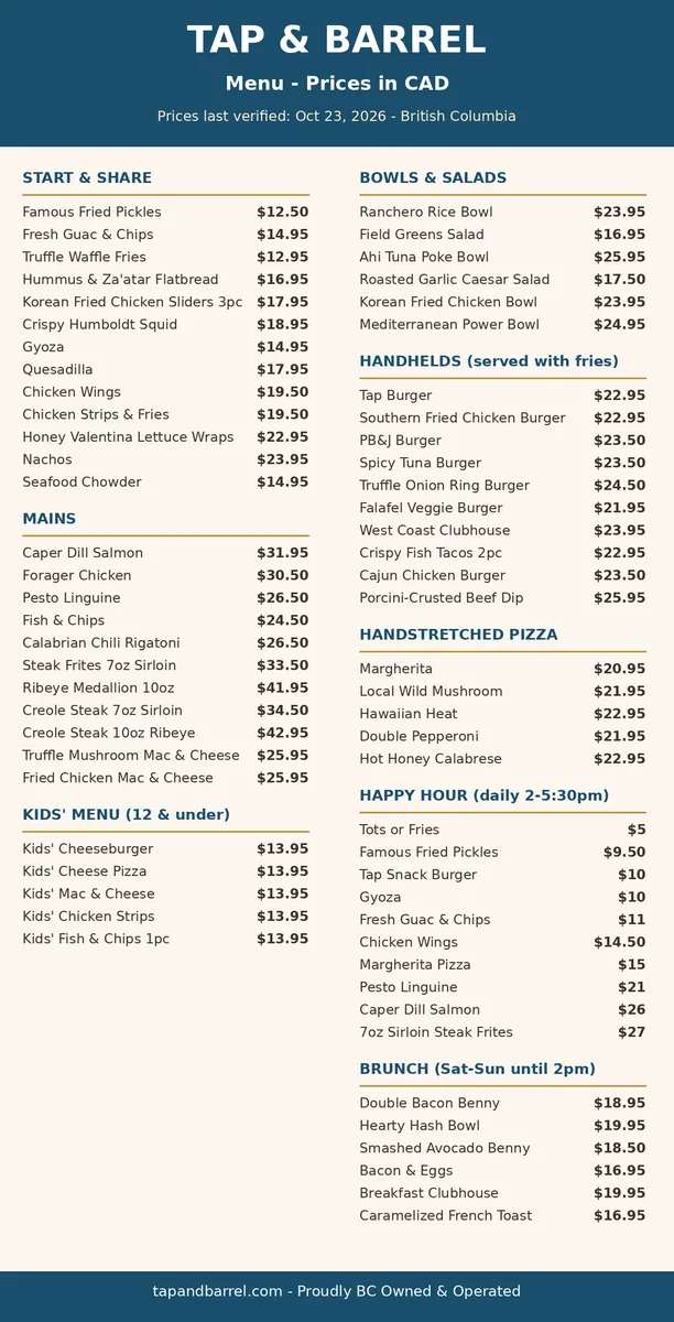 Tap & Barrel menu prices, current Tap & Barrel menu card with starters, handhelds, pizza and happy hour prices in CAD