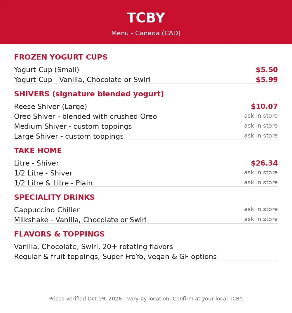 TCBY menu card 2026 with verified CAD prices, tcby menu prices canada
