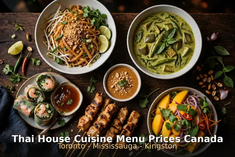 Thai restaurant table spread with pad thai, green curry, chicken satay and spring rolls, thai house cuisine menu prices canada 2026