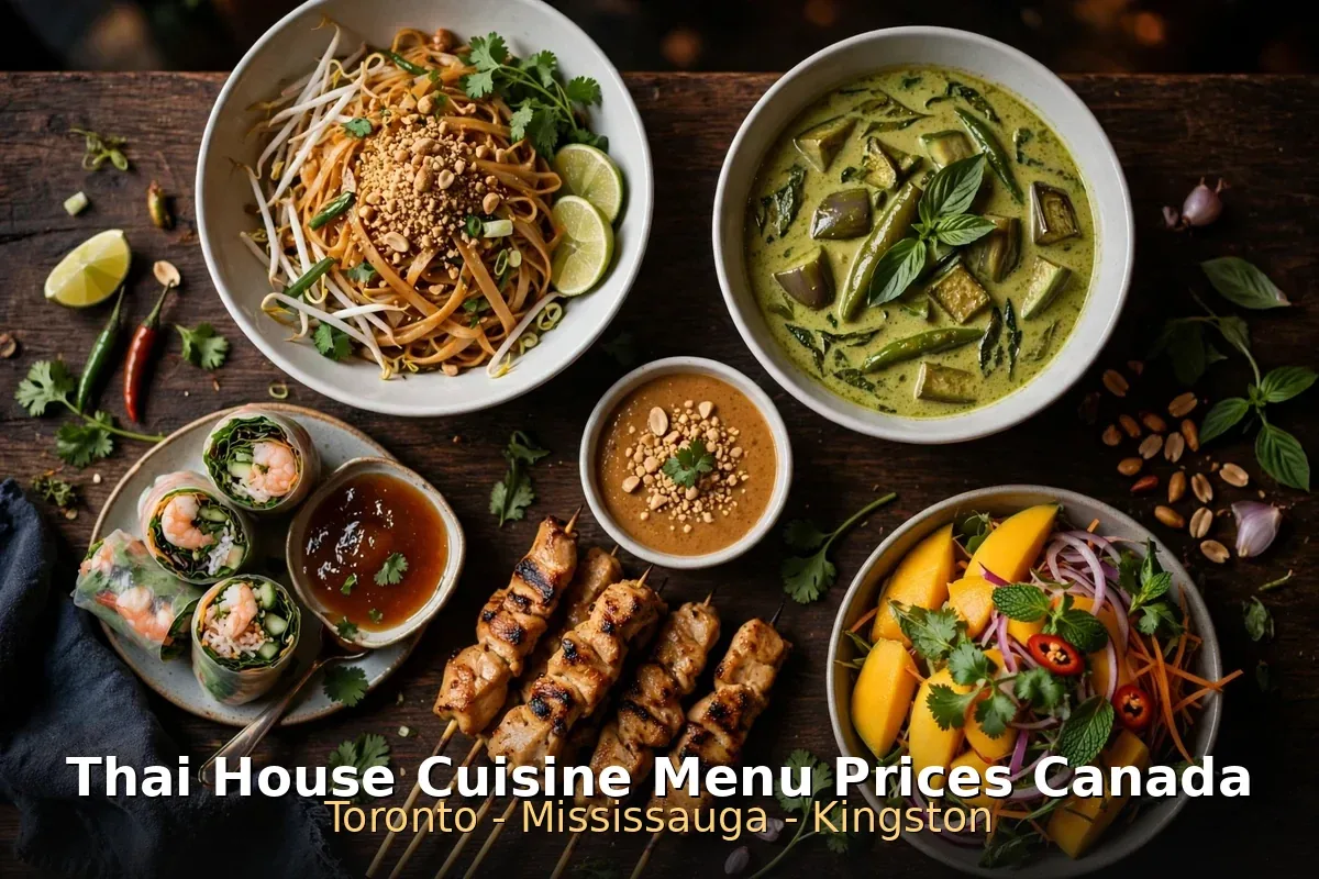 Thai restaurant table spread with pad thai, green curry, chicken satay and spring rolls, thai house cuisine menu prices canada 2026