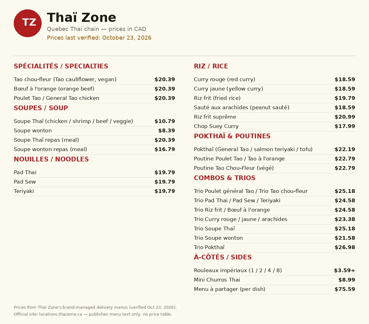 thai zone menu prices, current Thaï Zone Canada menu card with Thai dish prices in CAD