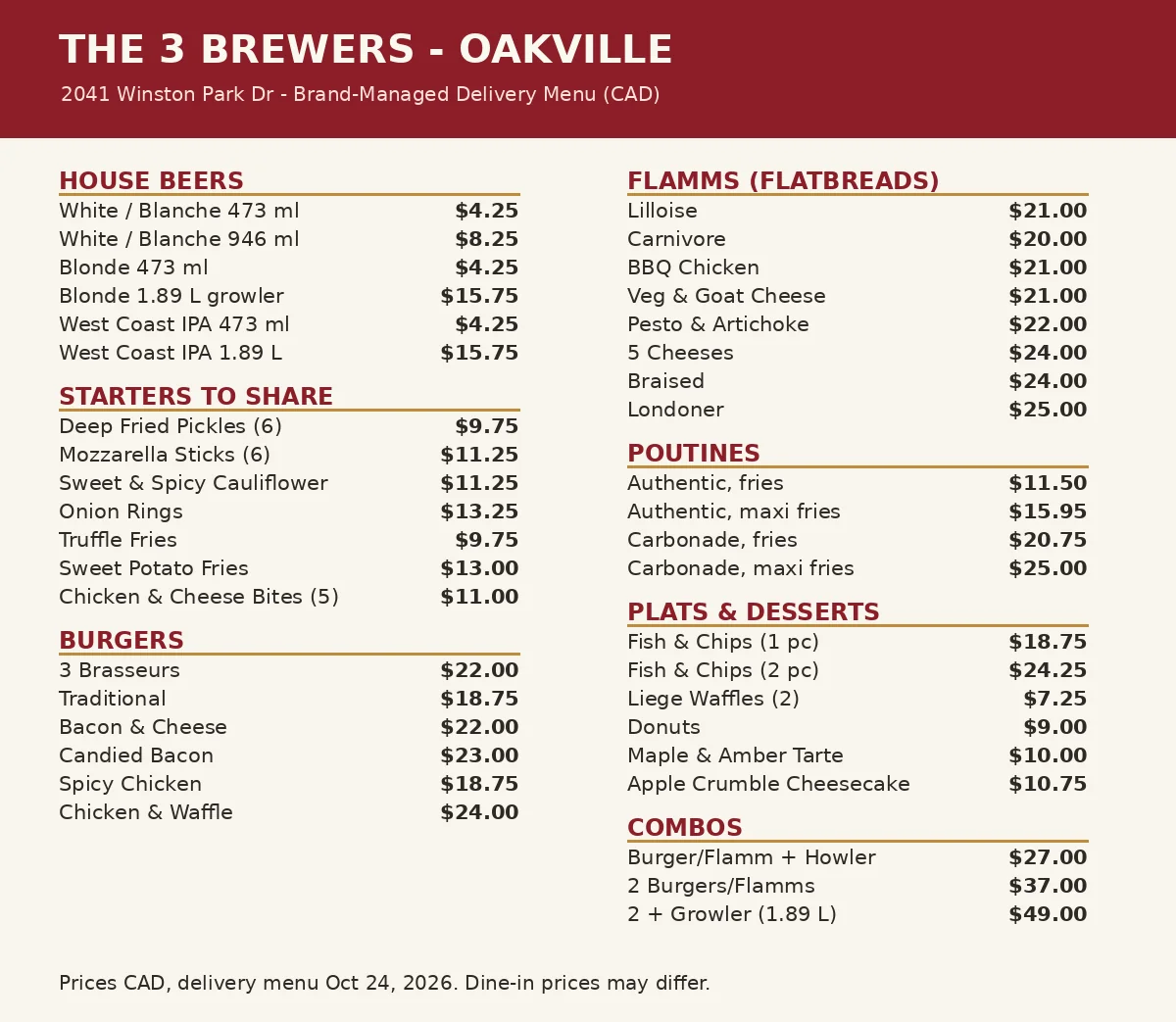 The 3 Brewers menu prices Canada, Oakville brewpub menu card render with house beers, burgers, flamms, poutines and combos