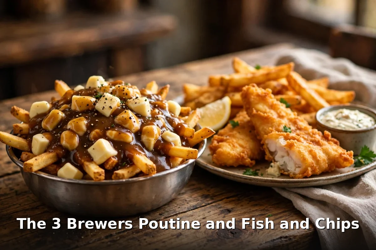 The 3 Brewers menu prices Canada, poutine with cheese curds and beer-battered fish and chips with fries
