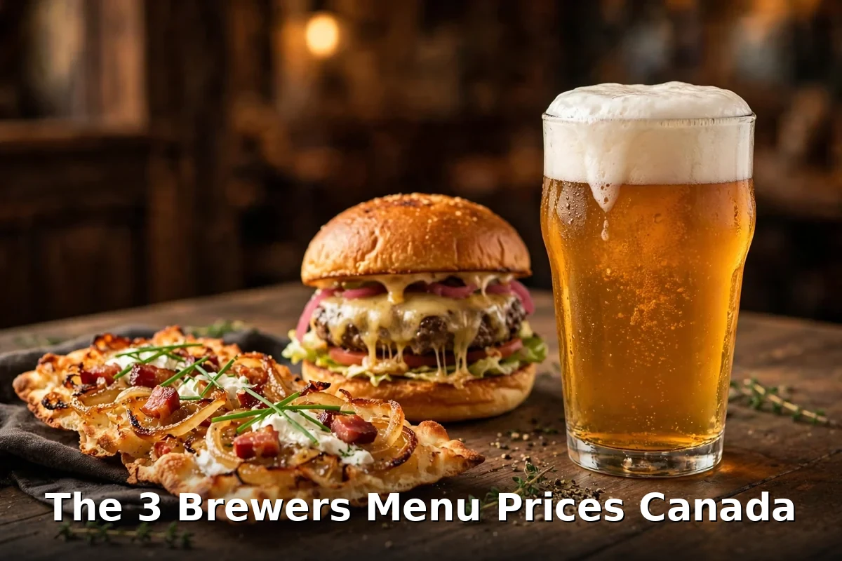 The 3 Brewers menu prices Canada, brewpub burger with house beer and flamm flatbread at the Oakville restaurant