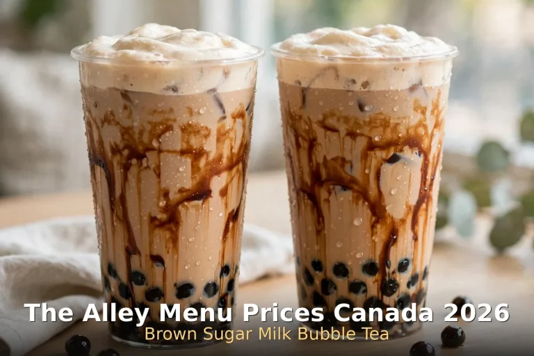 the alley menu prices canada 2026: brown sugar milk bubble tea cups with swirled syrup and tapioca pearls