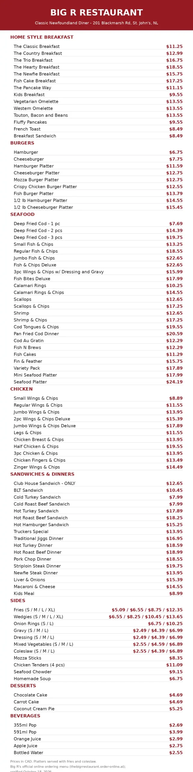 Big R official menu card, big r st john's menu prices