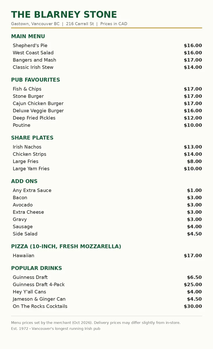 The Blarney Stone menu card Canada 2026: current Gastown pub menu prices for mains, pub favourites, share plates, pizza and drinks