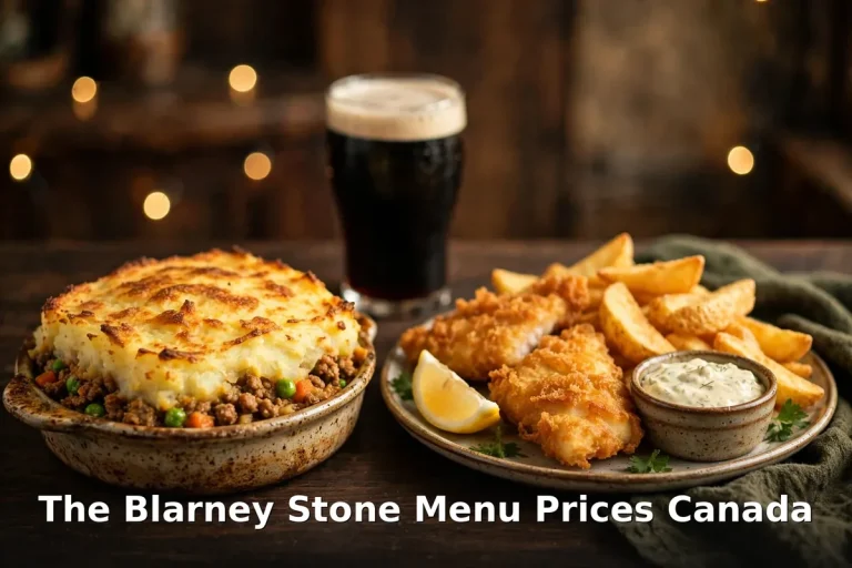 The Blarney Stone menu prices Canada 2026: shepherd's pie, fish and chips and a pint of stout at a Vancouver Irish pub