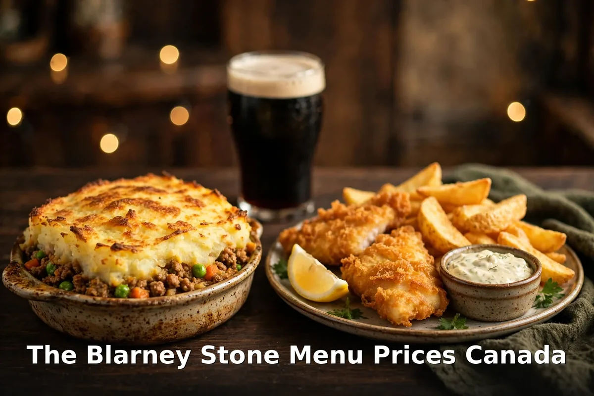 The Blarney Stone menu prices Canada 2026: shepherd's pie, fish and chips and a pint of stout at a Vancouver Irish pub