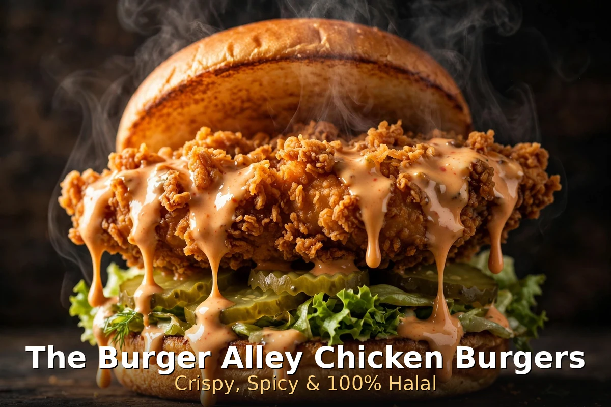 The Burger Alley halal crispy chicken burger with dripping sauce, chicken burgers from $8.95, the burger alley menu prices