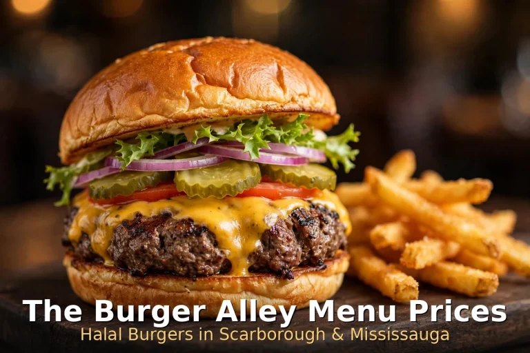 The Burger Alley menu prices Canada 2026: loaded cheeseburger with fries on a dark board, The Burger Alley Menu Prices Canada