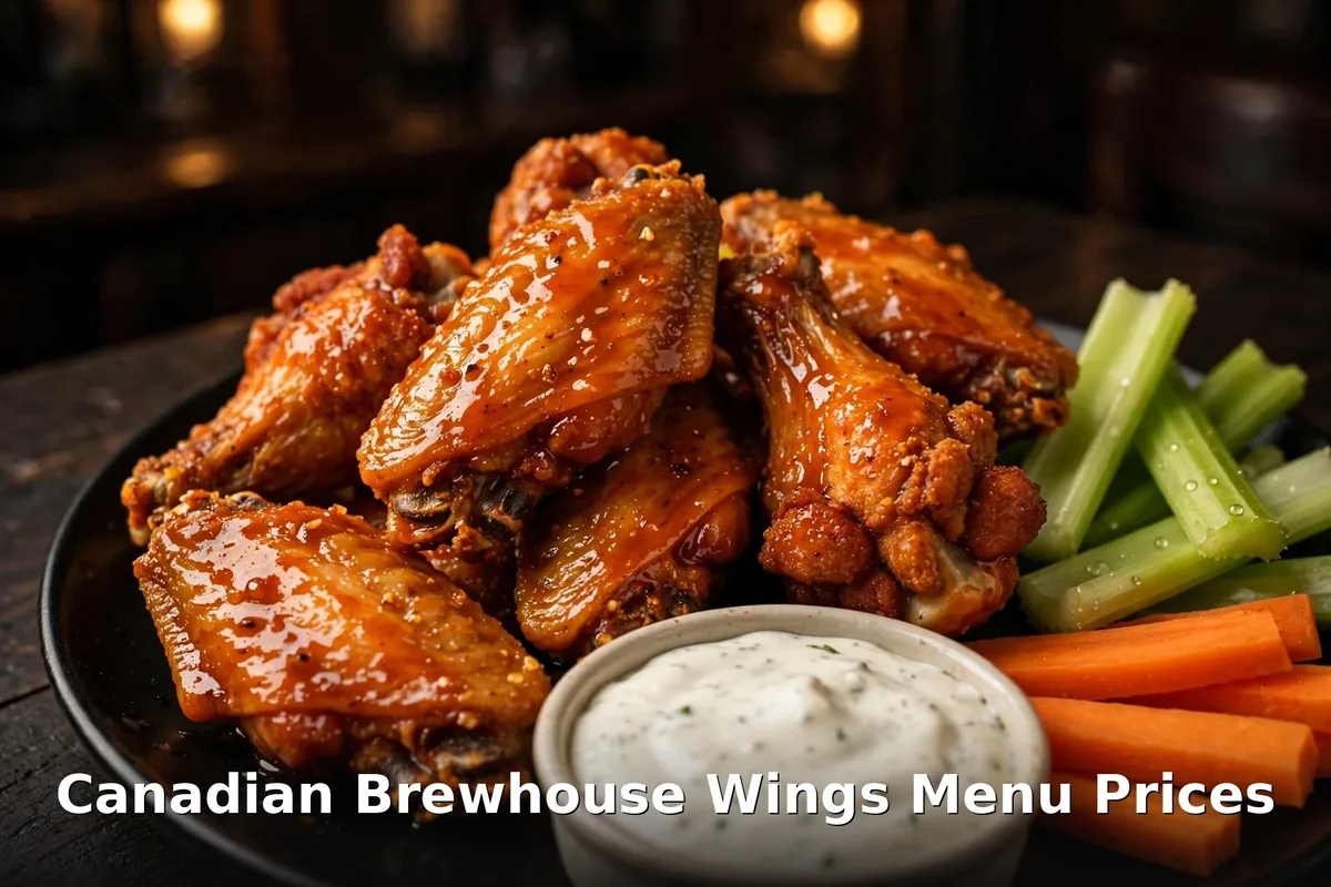 Canadian Brewhouse wings prices: saucy buffalo wings with Canadian Brewhouse Wings Menu Prices text overlay