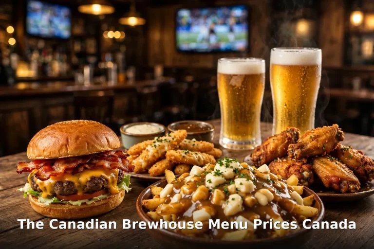 AI-generated Canadian pub food spread with PIL text overlay, canadian brewhouse menu prices canada 2026
