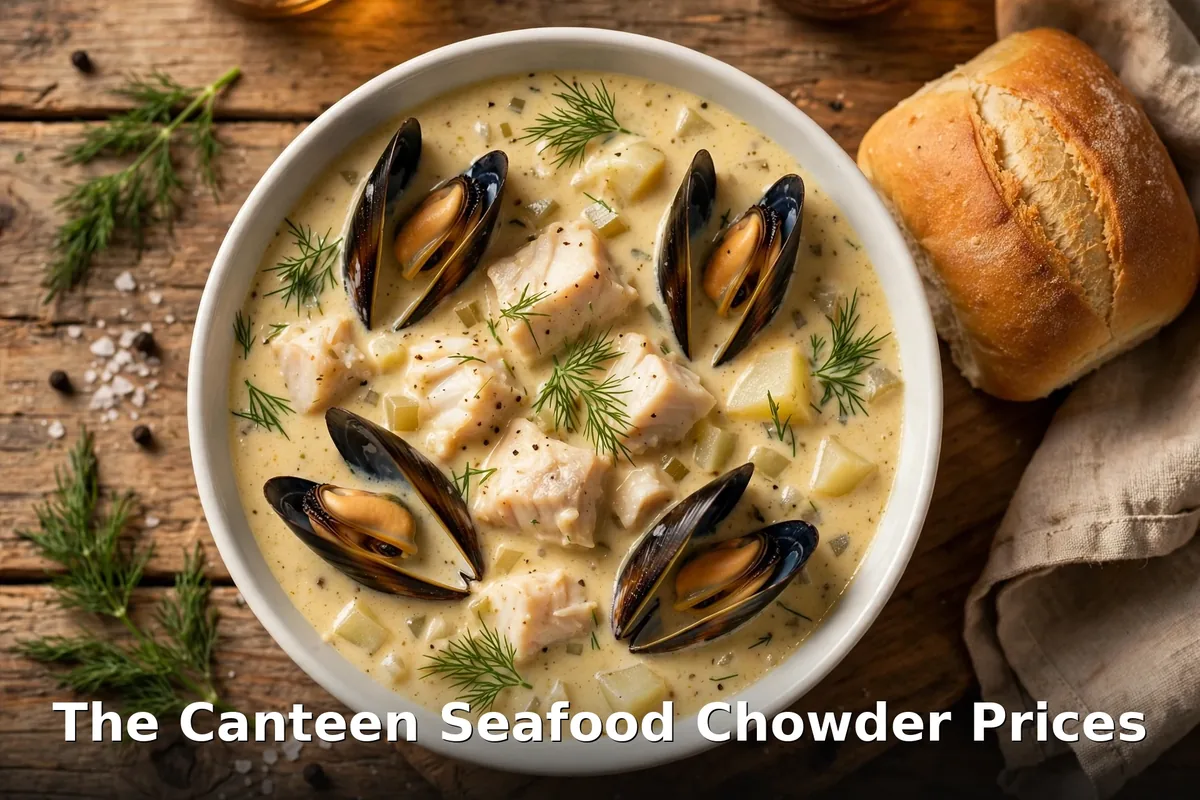 AI-generated seafood chowder with PIL keyword overlay, the canteen chowder prices canada