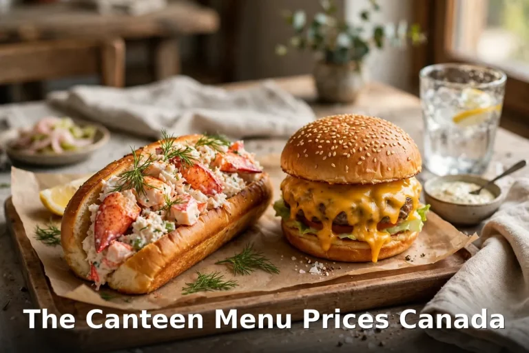 The Canteen menu prices Canada 2026 featured: AI-generated seafood spread with crobster-roll style crab and lobster roll plus cheeseburger, PIL keyword overlay "The Canteen Menu Prices Canada"