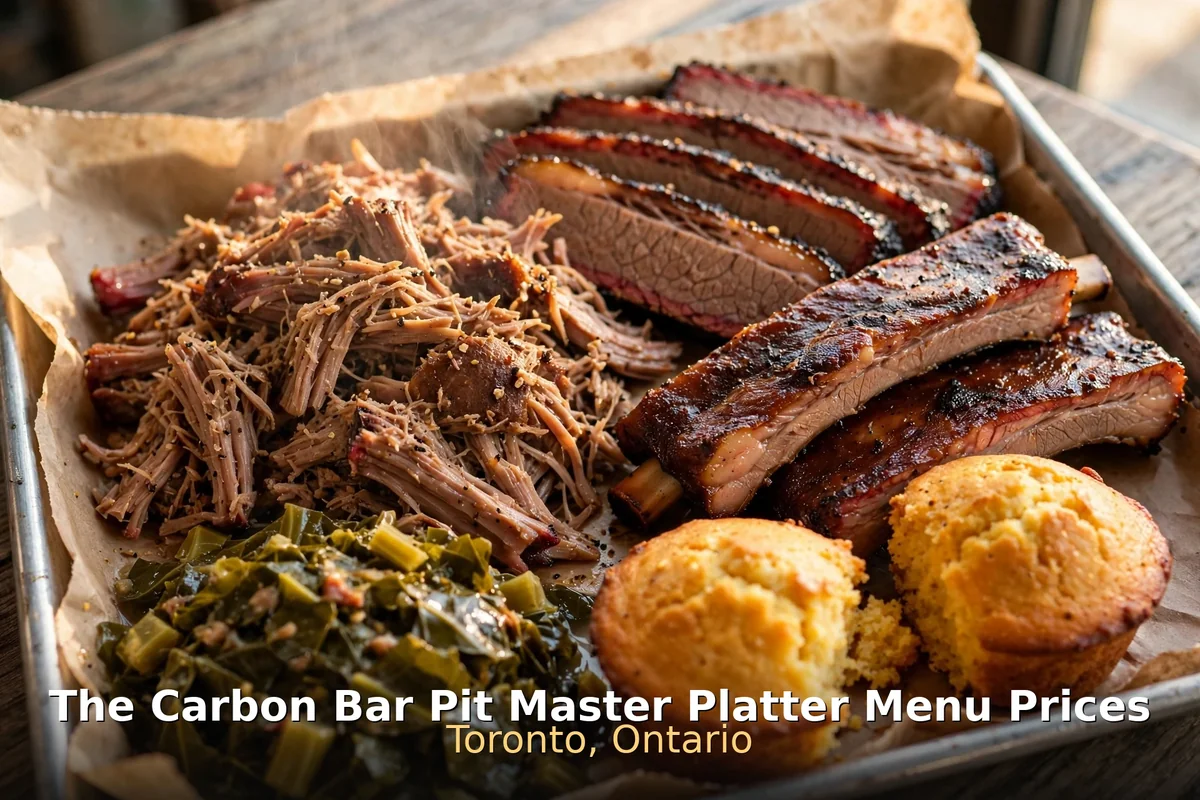 Smoked brisket, ribs and sausage BBQ platter with pickles and coleslaw, the carbon bar bbq platter prices canada
