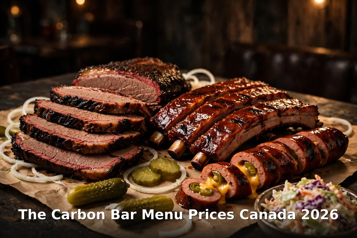 The Carbon Bar menu prices Canada 2026: smoked brisket, ribs and sausage BBQ platter with pickles and coleslaw