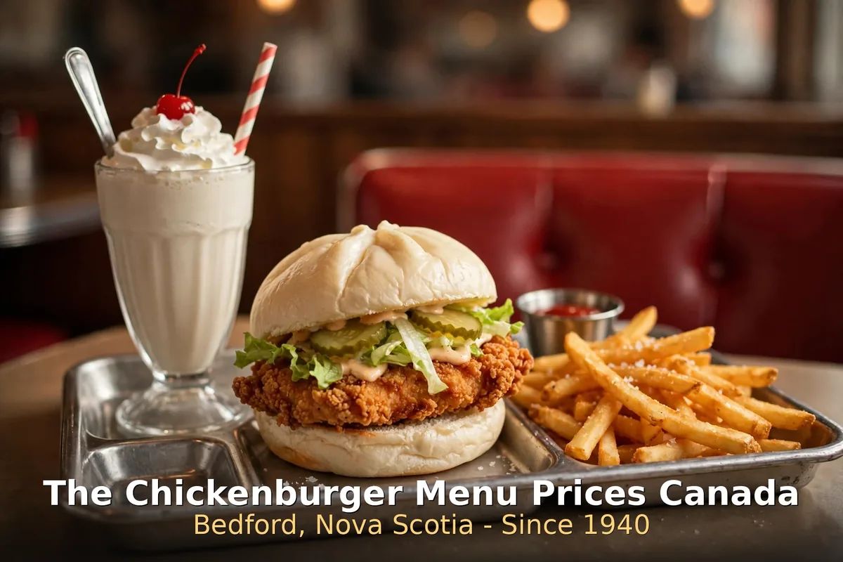 The Chickenburger signature chickenburger with fries, chickenburger menu prices canada