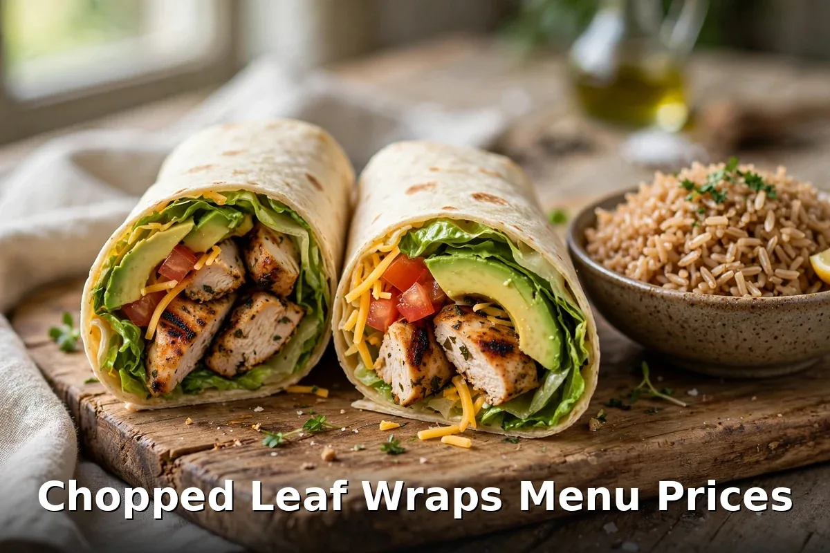 Chopped Leaf wrap menu prices: grilled chicken wraps with avocado, cheese and rice side, chopped leaf wrap prices $11.99