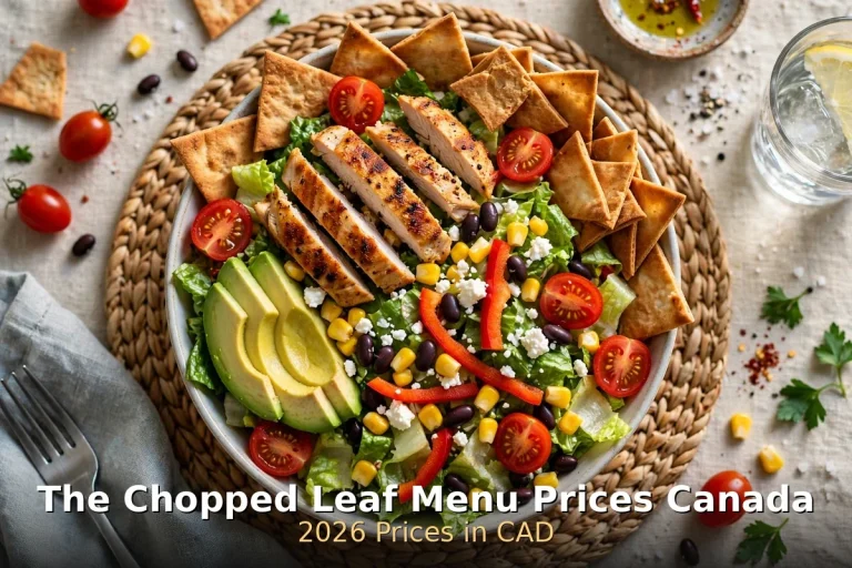 AI-generated salad bowl food photo with PIL text overlay, the chopped leaf menu prices canada 2026