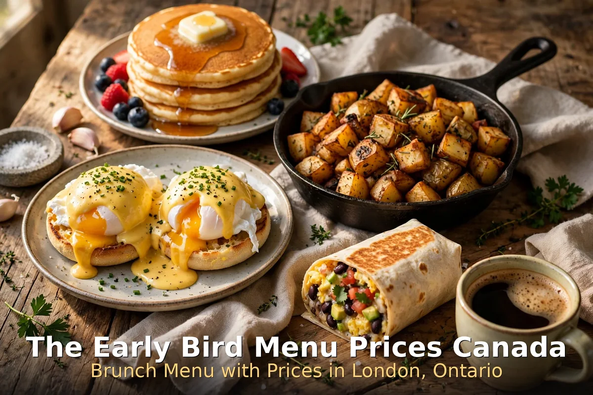 The Early Bird menu prices Canada 2026 featured: AI-generated brunch spread with pancakes, eggs benny, homefries, breakfast burrito and coffee