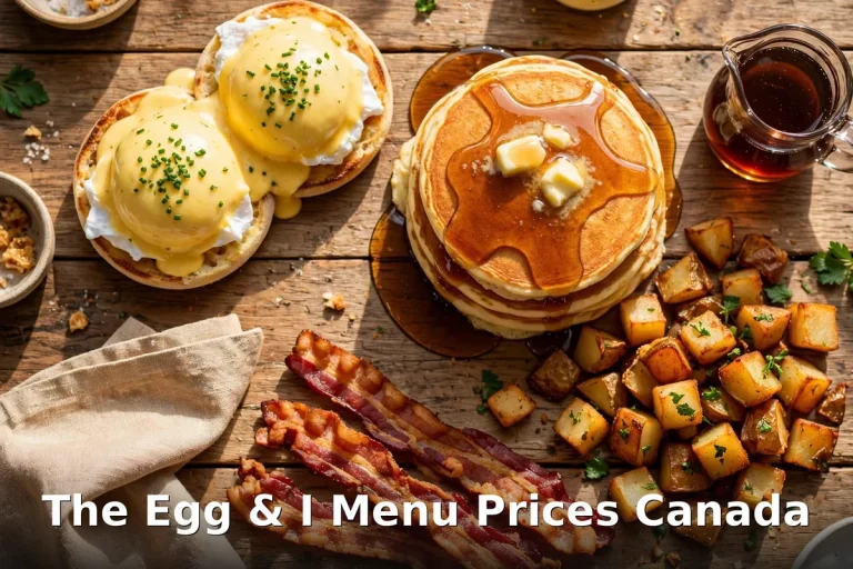 The Egg & I menu prices Canada - eggs benedict, pancakes and home fries breakfast spread, the egg and i menu prices