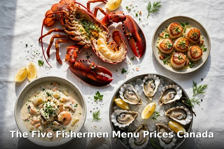 The Five Fishermen Atlantic seafood spread, Five Fishermen menu prices Canada 2026