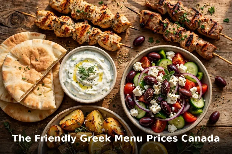 Grilled souvlaki skewers, pita bread, tzatziki and Greek salad spread, the friendly greek menu prices canada