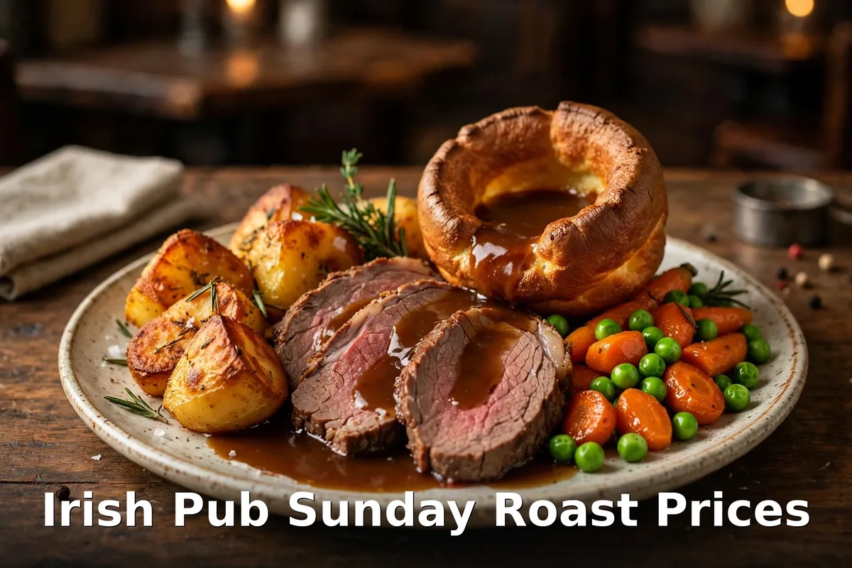 The Irish Heather Sunday roast menu prices Canada 2026: roast beef, Yorkshire pudding, roast potatoes and vegetables with gravy