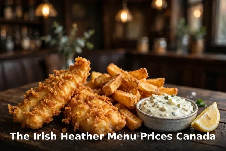 The Irish Heather Menu Prices Canada 2026: fish and chips with tartar sauce and lemon in a cozy Irish pub