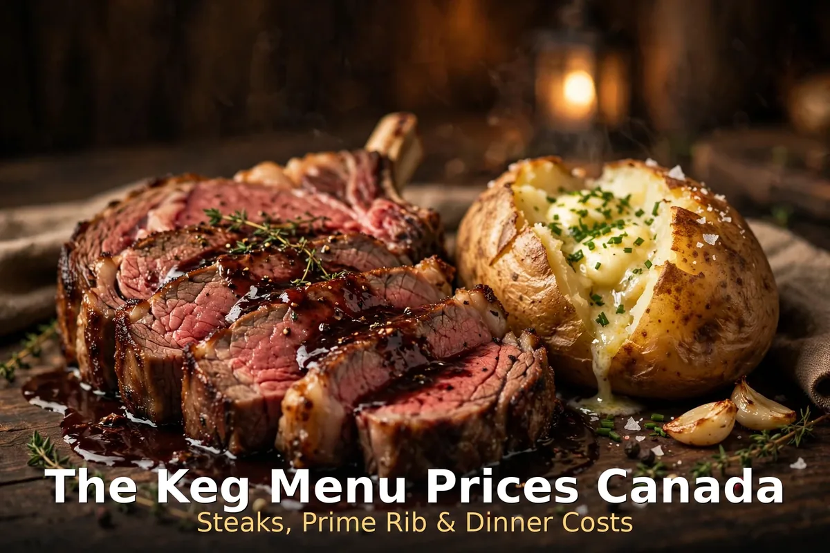 The Keg prime rib dinner photo with keyword text overlay, the keg menu prices canada 2026