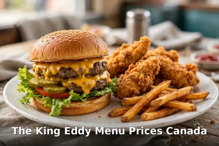 The King Eddy menu prices Canada 2026: AI-generated double cheeseburger with fried chicken and fries, The King Eddy Menu Prices Canada