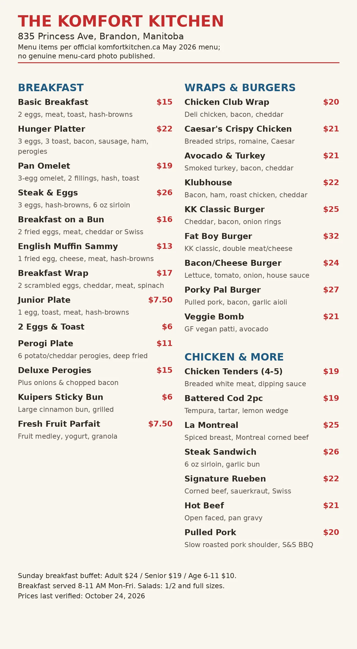 The Komfort Kitchen menu card Canada 2026: breakfast $6-$26, burgers $21-$27, official May 2026 menu price guide, komfort kitchen menu prices canada