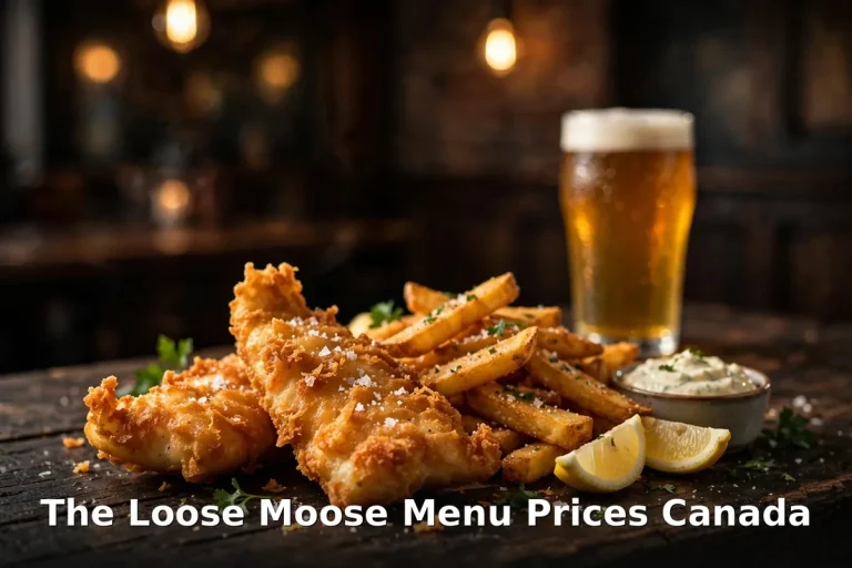 The Loose Moose menu prices Canada 2026: crispy fish and chips with fries and a pint of beer on a dark pub table