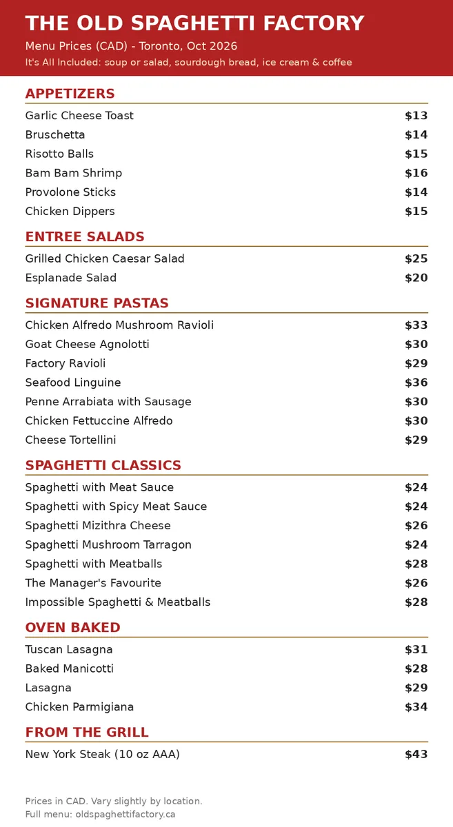 The Old Spaghetti Factory menu card 2026 with CAD prices, old spaghetti factory prices
