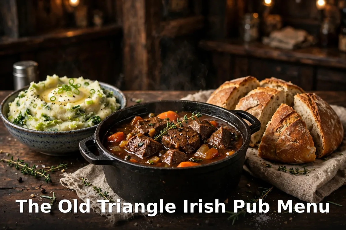 AI-generated Irish pub food spread with beef stew, colcannon mash and soda bread, The Old Triangle Irish Pub Menu Canada