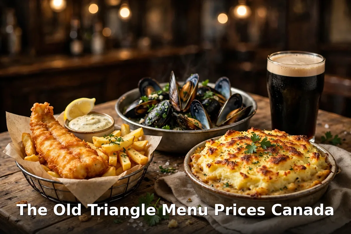 The Old Triangle Menu Prices Canada - AI-generated Irish pub food spread with fish and chips, mussels and shepherd's pie, old triangle menu prices