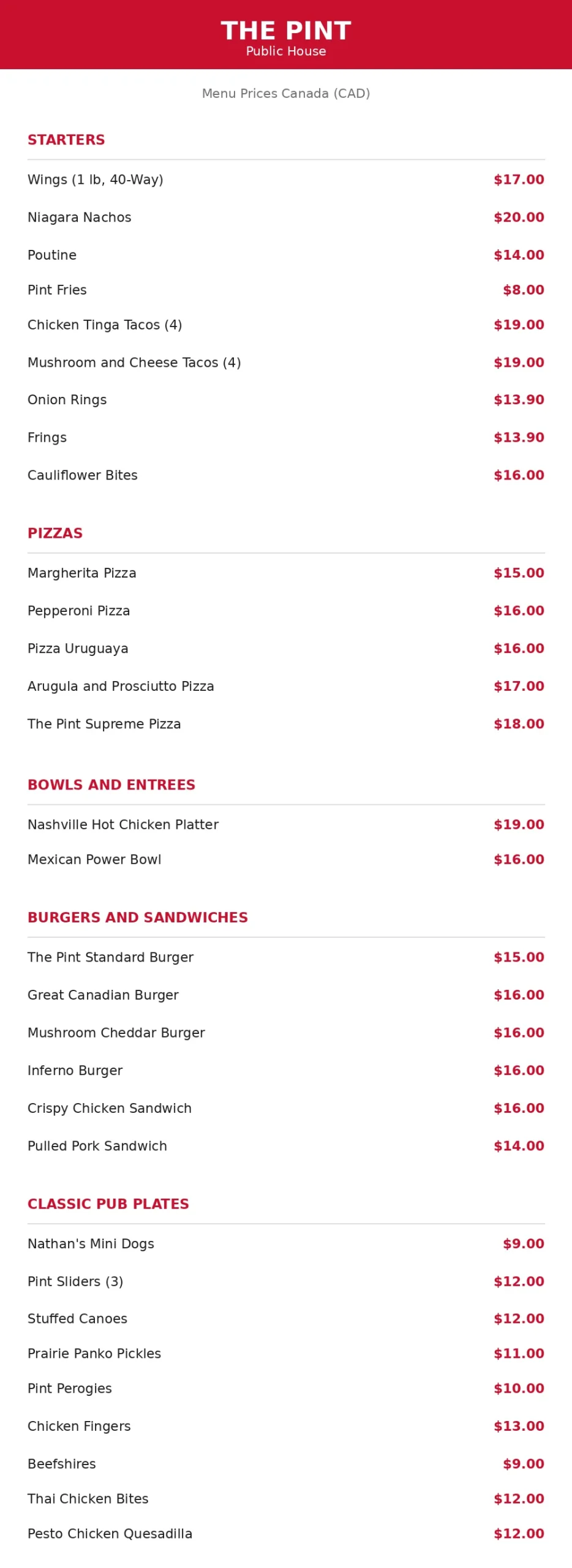 The Pint menu prices Canada: full current menu card with CAD prices