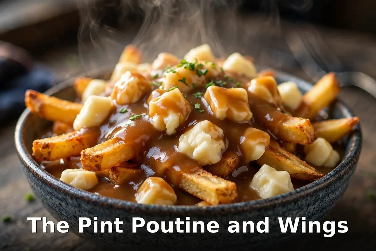 The Pint poutine and wings menu prices Canada: steaming poutine with cheese curds and gravy