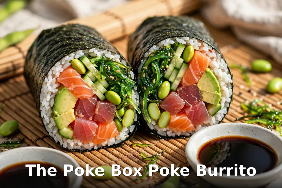 The Poke Box poke burrito with salmon, tuna, cucumber, avocado and edamame in nori, the poke box burrito canada