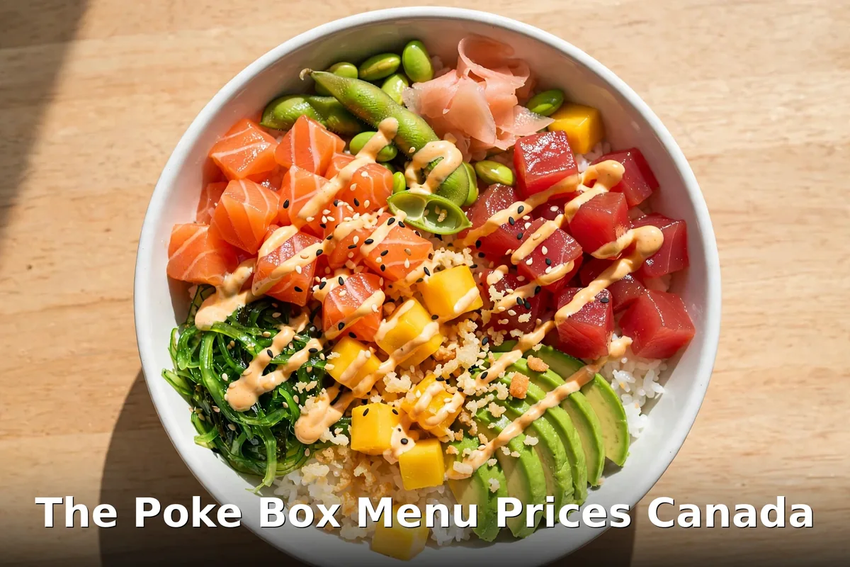 The Poke Box menu prices Canada 2026: AI-generated Hawaiian poke bowl with salmon, ahi tuna, edamame and avocado, the poke box menu prices