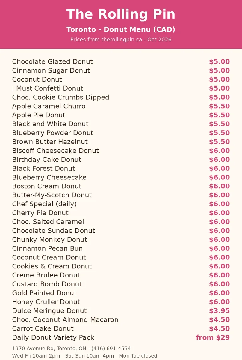 The Rolling Pin official online menu card Canada 2026 with current gourmet doughnut prices in CAD, the rolling pin menu prices canada