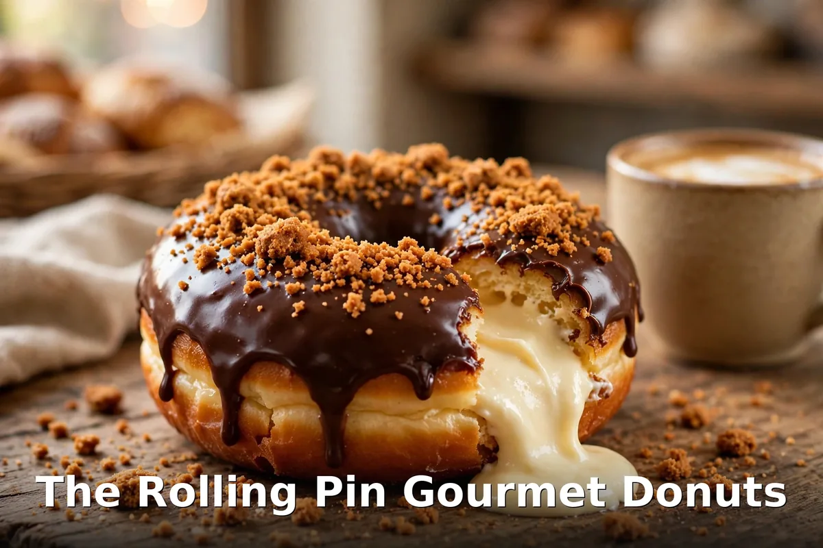 Assorted gourmet doughnuts with chocolate glaze, caramel drizzle and toasted toppings on a wooden board, the rolling pin gourmet doughnut prices canada 2026